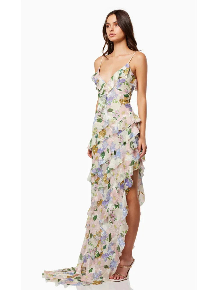 Women's Floral Print V-Neckline Spaghetti Strap Maxi Dress with Cascading Ruffles and Side Slit