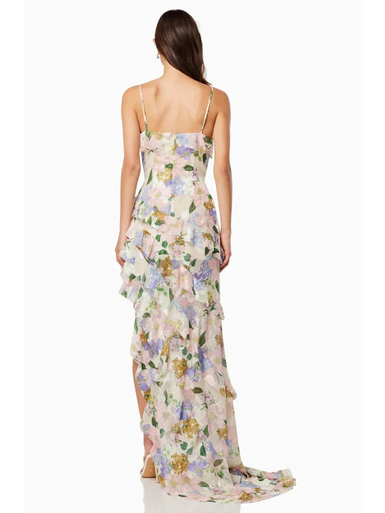 Women's Floral Print V-Neckline Spaghetti Strap Maxi Dress with Cascading Ruffles and Side Slit