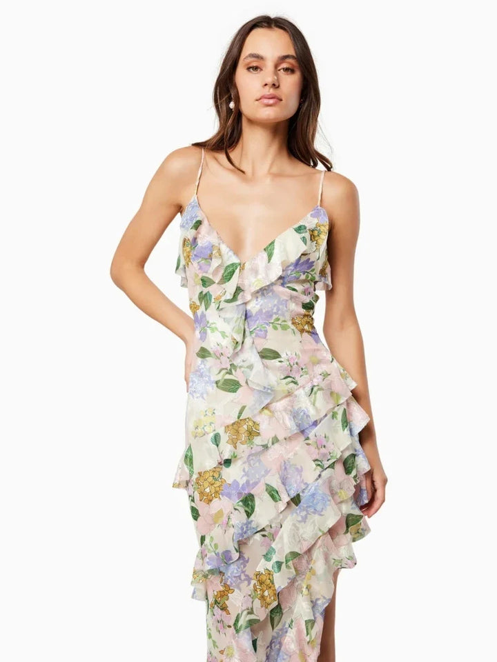 Women's Floral Print V-Neckline Spaghetti Strap Maxi Dress with Cascading Ruffles and Side Slit