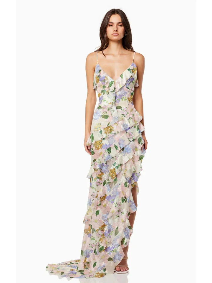 Women's Floral Print V-Neckline Spaghetti Strap Maxi Dress with Cascading Ruffles and Side Slit