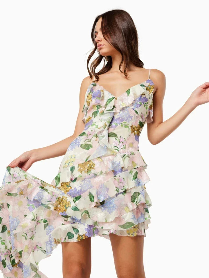 Women's Floral Print V-Neckline Spaghetti Strap Maxi Dress with Cascading Ruffles and Side Slit