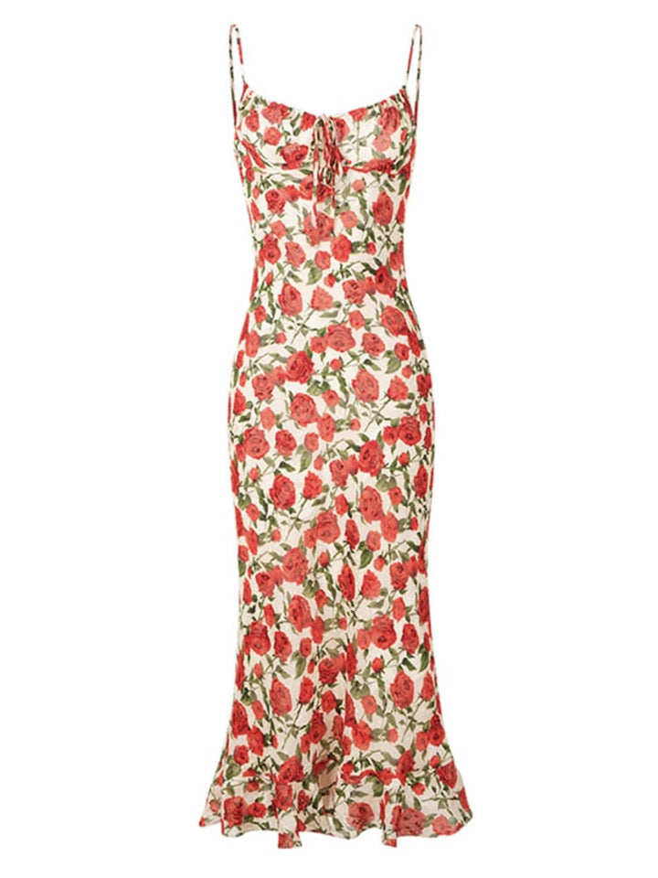 Women's Floral Printed Spaghetti Strap Midi Dress with Front Tie and Ruffle Hem