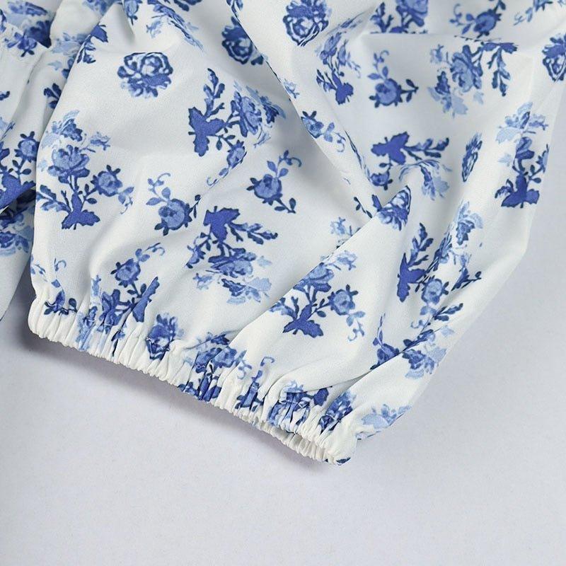 Women's Floral Puff Sleeve Square Neck Midi Dress with Gathered Bust Tie and Front Slit