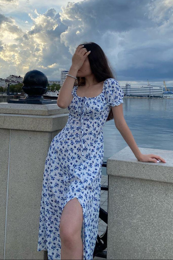 Women's Floral Puff Sleeve Square Neck Midi Dress with Gathered Bust Tie and Front Slit