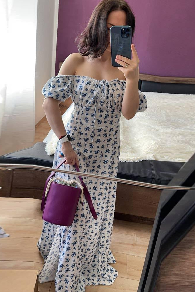 Women's Floral Puff Sleeve Square Neck Midi Dress with Gathered Bust Tie and Front Slit