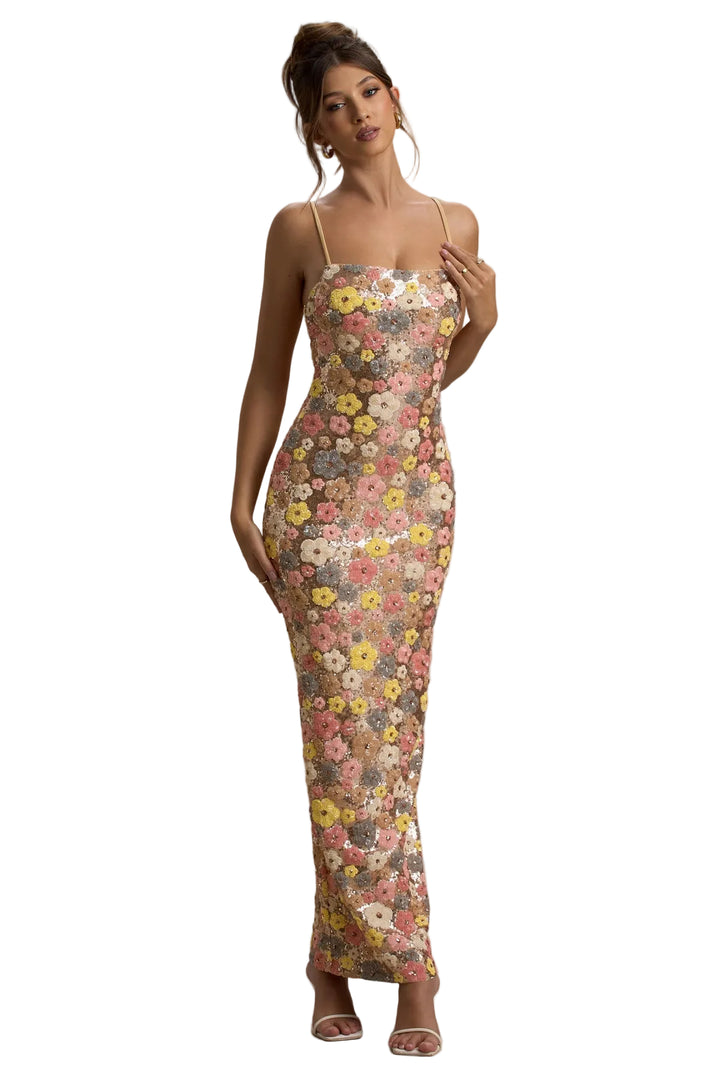 Women's Floral Sequin Maxi Dress with Straight Neckline and Spaghetti Straps