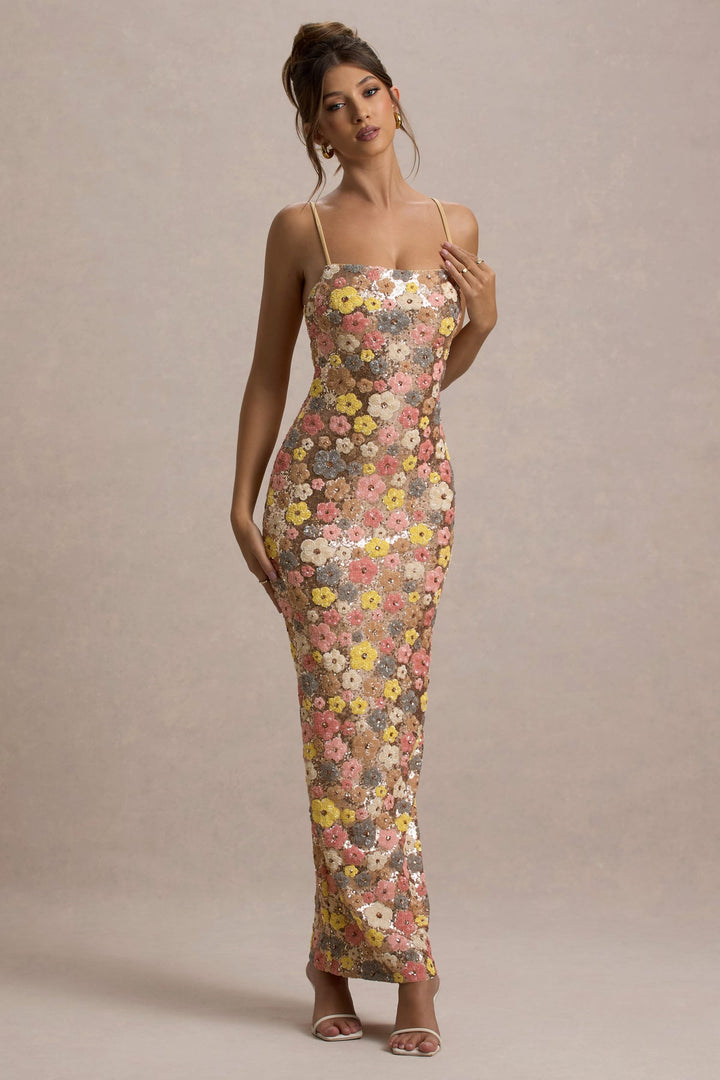 Women's Floral Sequin Maxi Dress with Straight Neckline and Spaghetti Straps