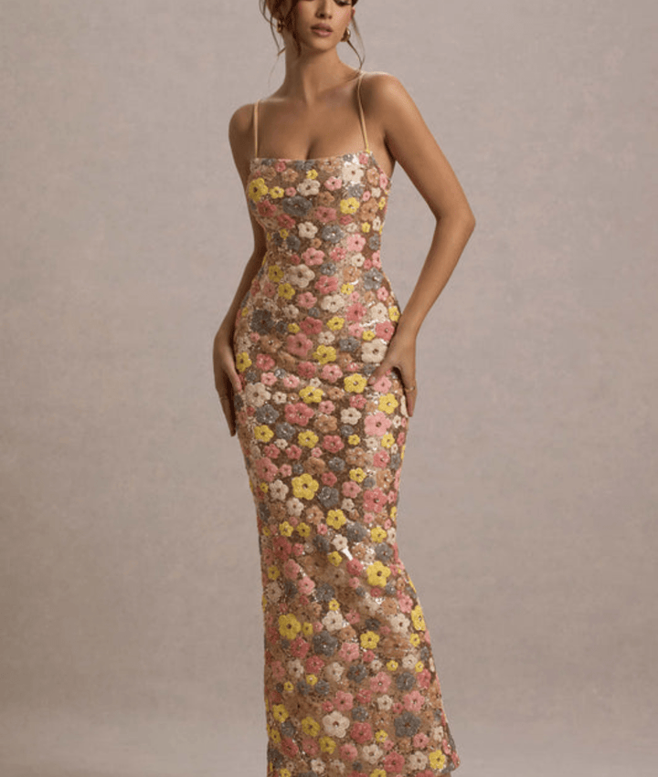 Women's Floral Sequin Maxi Dress with Straight Neckline and Spaghetti Straps