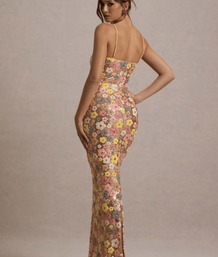 Women's Floral Sequin Maxi Dress with Straight Neckline and Spaghetti Straps