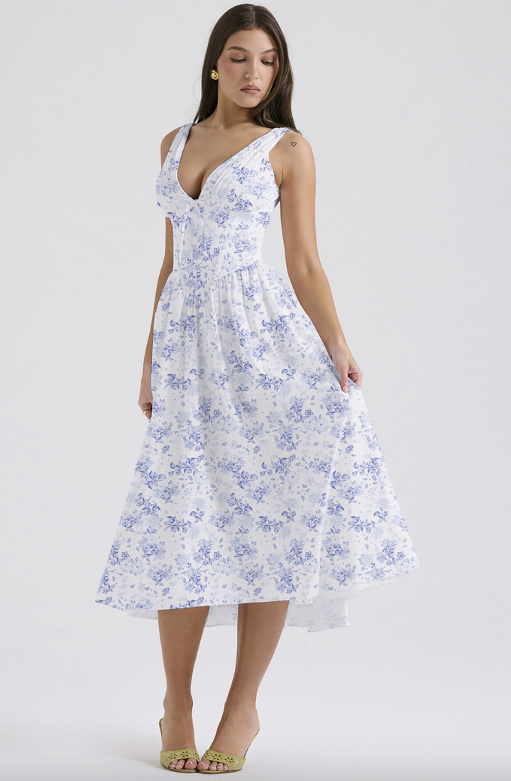 Women's Floral Sleeveless V-Neck Button-Front Midi Dress with Side Pockets and A-Line Skirt