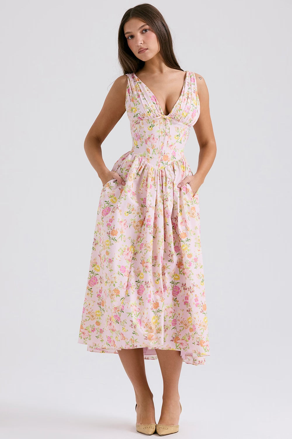 Women's Floral Sleeveless V-Neck Button-Front Midi Dress with Side Pockets and A-Line Skirt