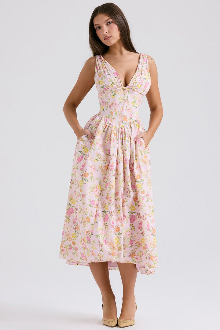 Women's Floral Sleeveless V-Neck Button-Front Midi Dress with Side Pockets and A-Line Skirt