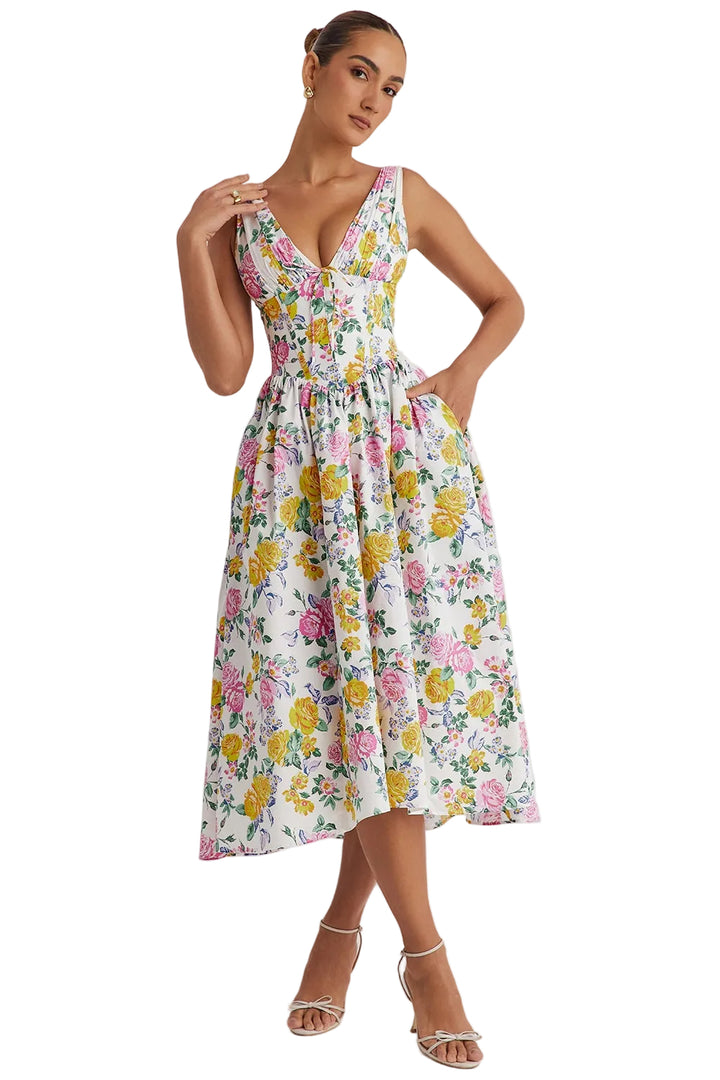 Women's Floral Sleeveless V-Neck Button-Front Midi Dress with Side Pockets and A-Line Skirt