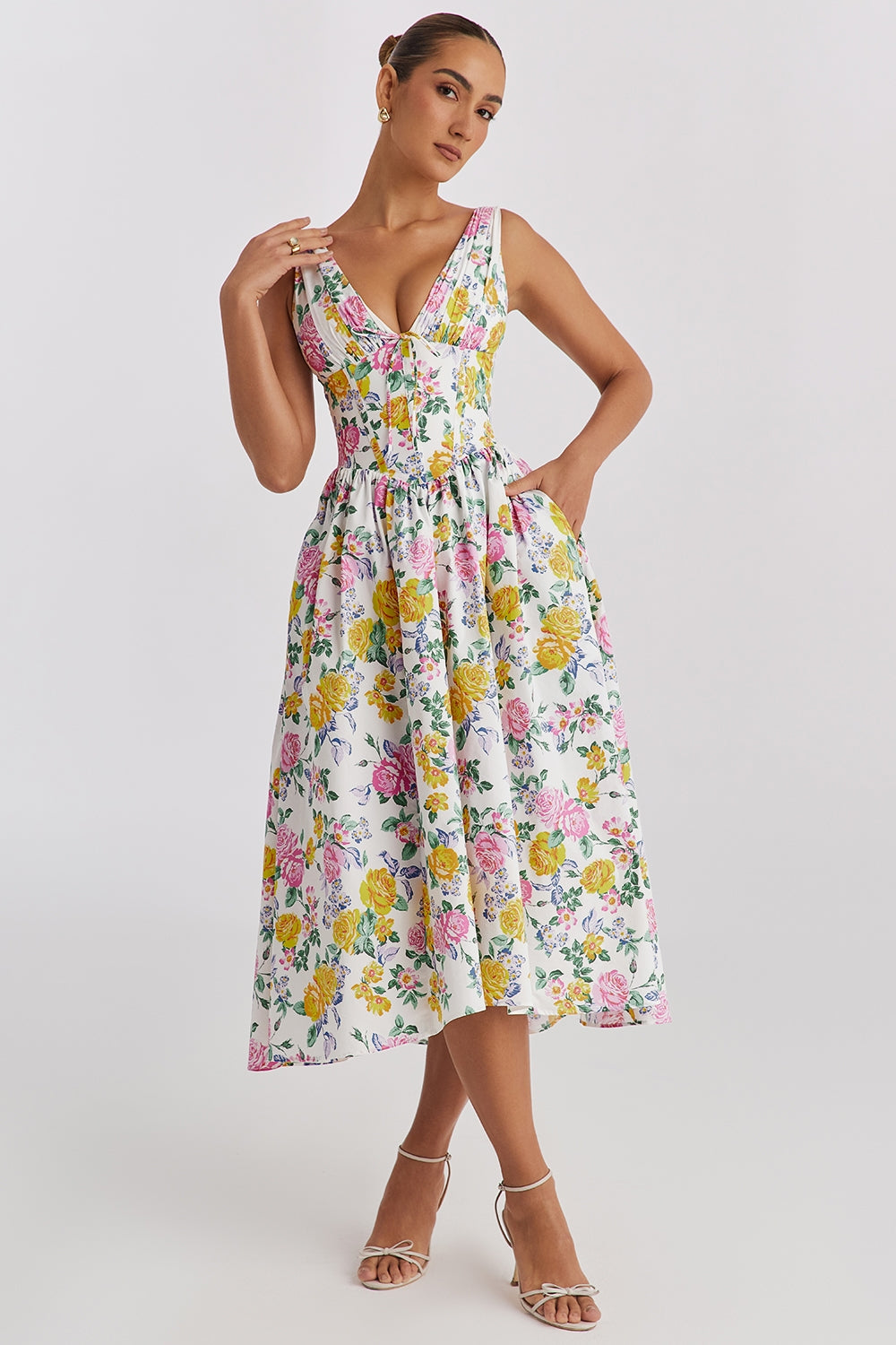 Women's Floral Sleeveless V-Neck Button-Front Midi Dress with Side Pockets and A-Line Skirt