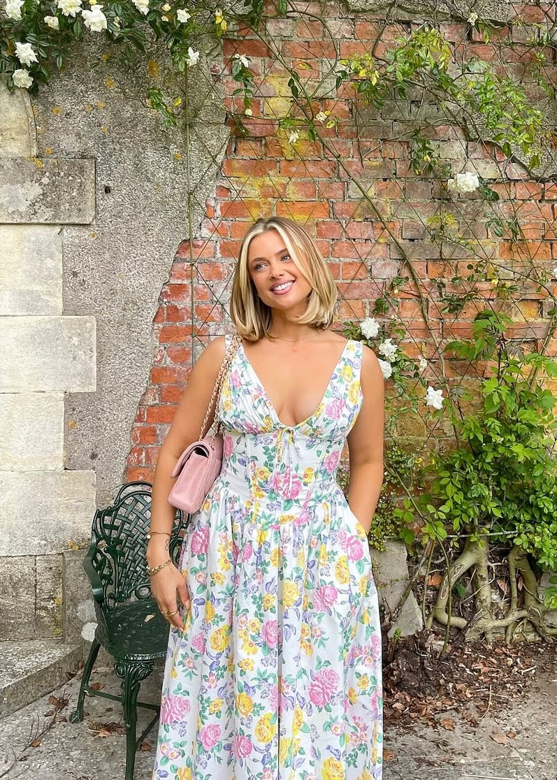 Women's Floral Sleeveless V-Neck Button-Front Midi Dress with Side Pockets and A-Line Skirt