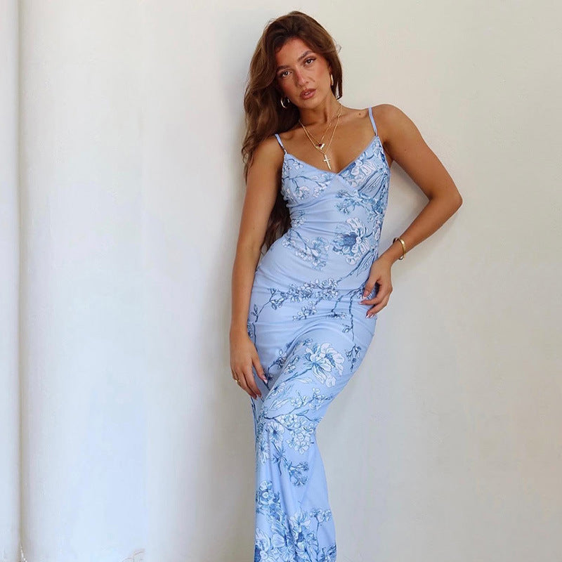 Women's Floral Spaghetti Strap V-Neckline Sleeveless Maxi Dress with Straight Hemline