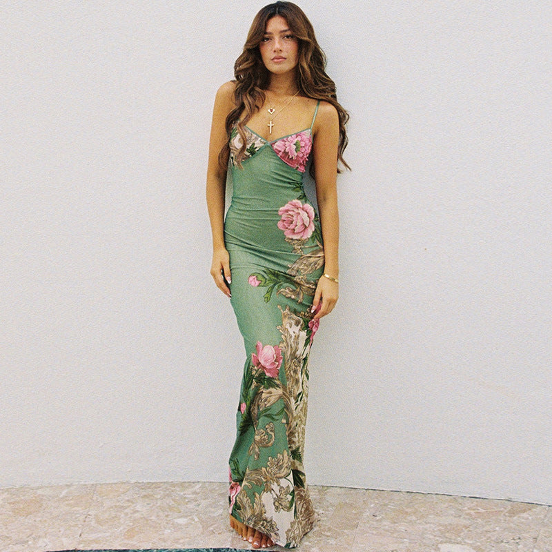 Women's Floral Spaghetti Strap V-Neckline Sleeveless Maxi Dress with Straight Hemline