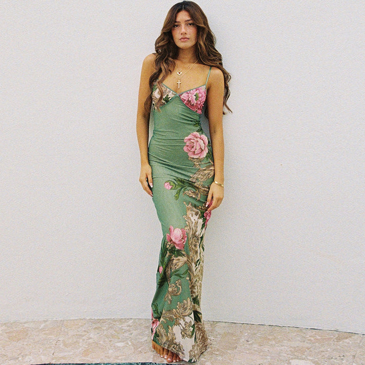 Women's Floral Spaghetti Strap V-Neckline Sleeveless Maxi Dress with Straight Hemline