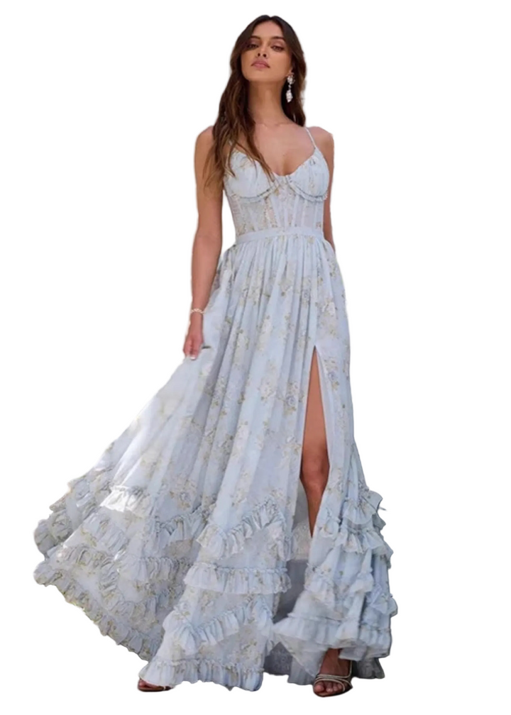 Women's Floral Sweetheart Neckline Maxi Dress with Tiered Ruffle Hem