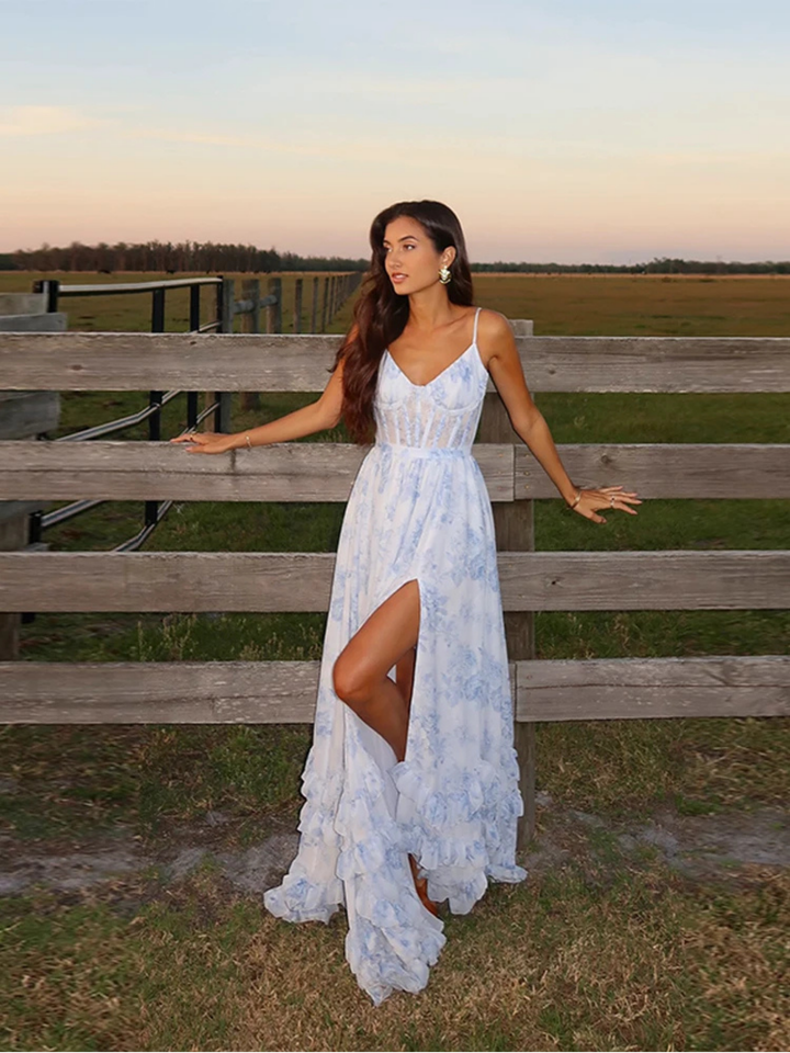 Women's Floral Sweetheart Neckline Maxi Dress with Tiered Ruffle Hem