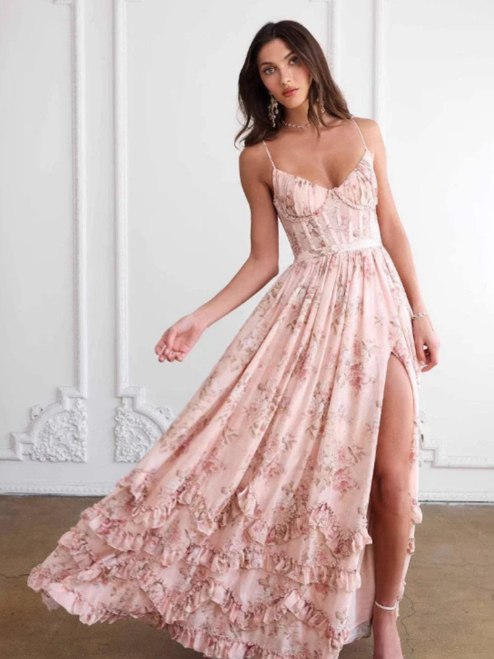 Women's Floral Sweetheart Neckline Maxi Dress with Tiered Ruffle Hem