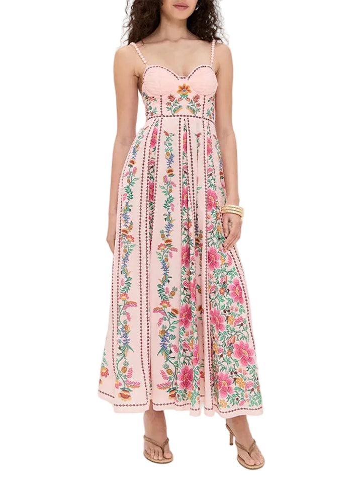 Women's Floral Sweetheart Neckline Midi Dress with Thin Straps
