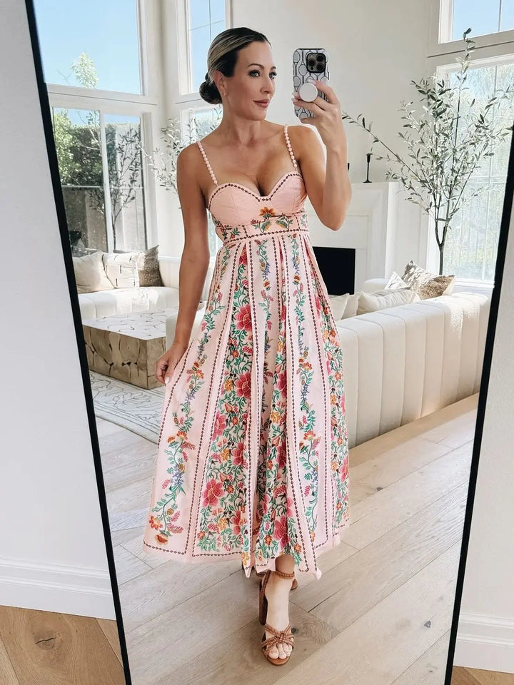 Women's Floral Sweetheart Neckline Midi Dress with Thin Straps