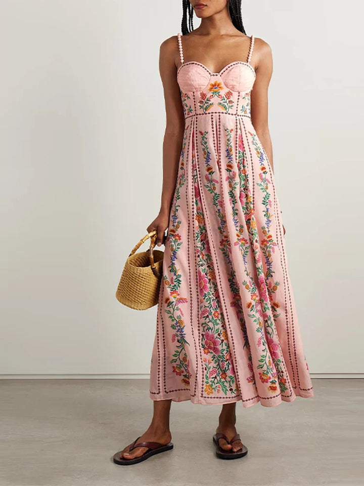 Women's Floral Sweetheart Neckline Midi Dress with Thin Straps