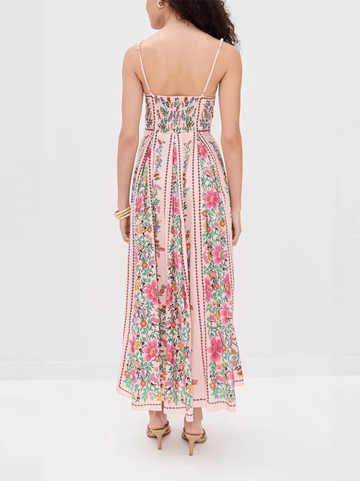 Women's Floral Sweetheart Neckline Midi Dress with Thin Straps