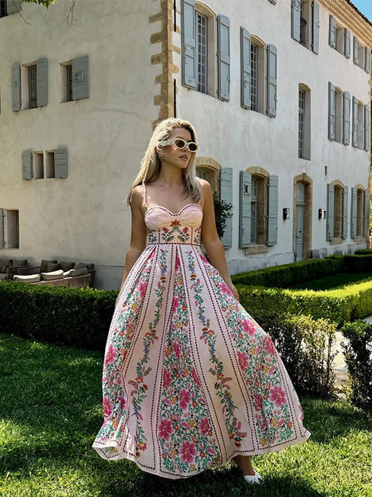Women's Floral Sweetheart Neckline Midi Dress with Thin Straps