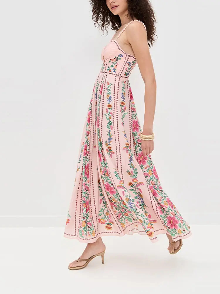 Women's Floral Sweetheart Neckline Midi Dress with Thin Straps