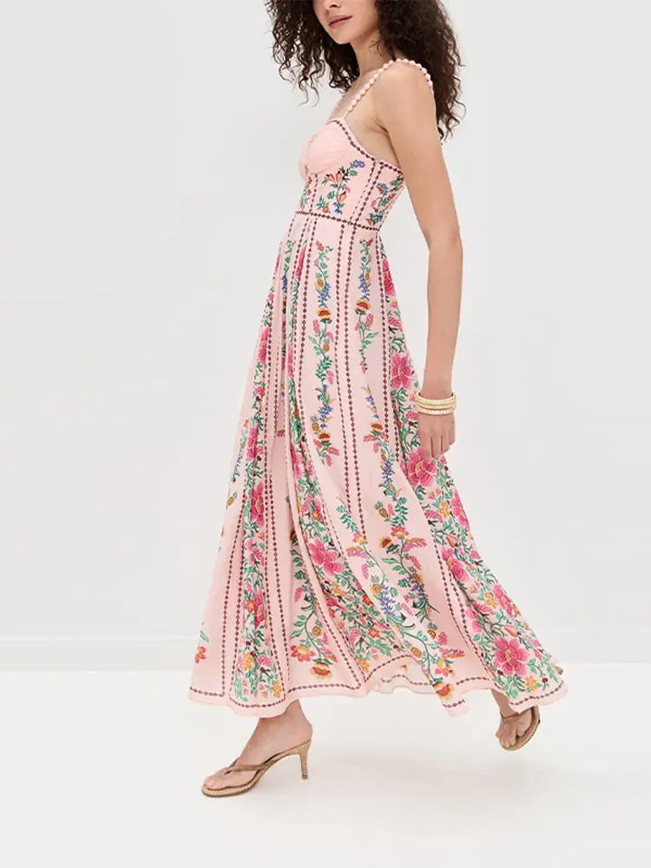Women's Floral Sweetheart Neckline Midi Dress with Thin Straps