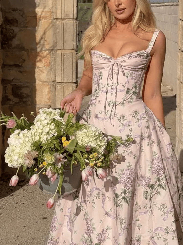 Women's Floral Sweetheart Neckline Midi Dress with Wide Straps and Centre Front Tie