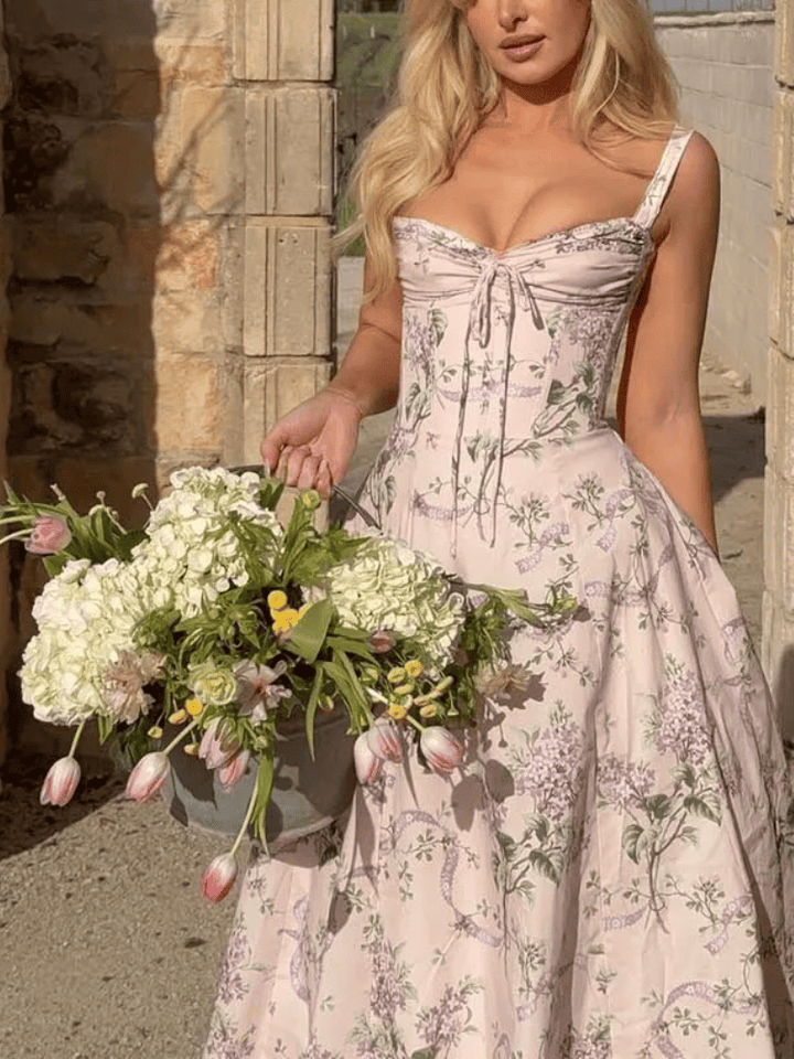 Women's Floral Sweetheart Neckline Midi Dress with Wide Straps and Centre Front Tie