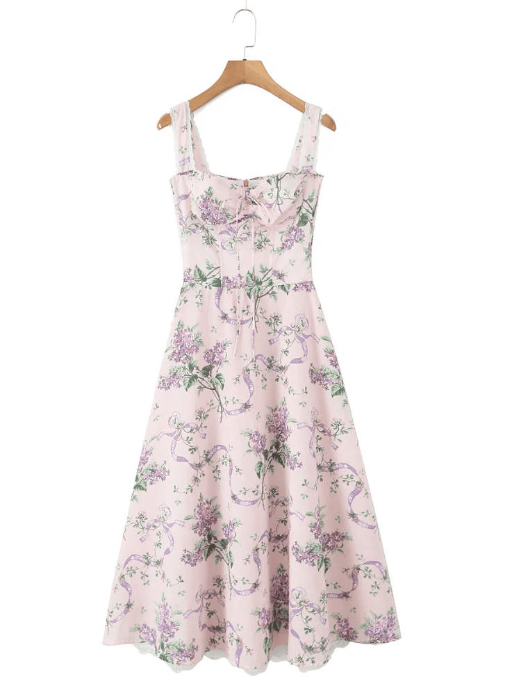 Women's Floral Sweetheart Neckline Midi Dress with Wide Straps and Centre Front Tie