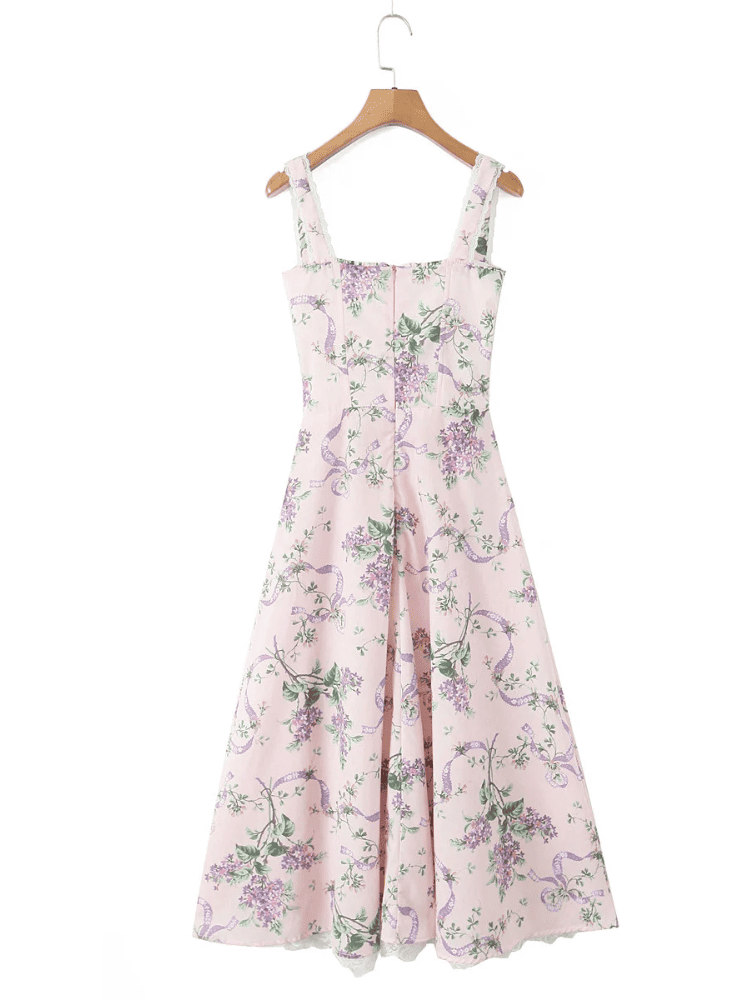 Women's Floral Sweetheart Neckline Midi Dress with Wide Straps and Centre Front Tie