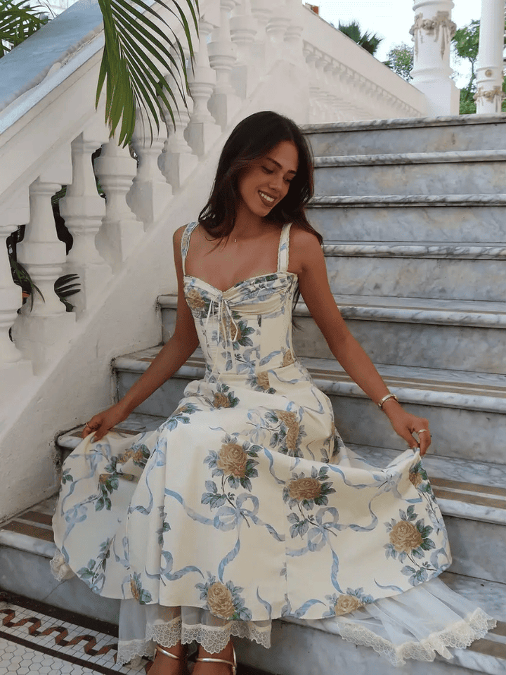 Women's Floral Sweetheart Neckline Midi Dress with Wide Straps and Centre Front Tie