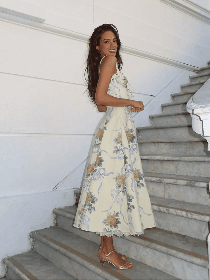 Women's Floral Sweetheart Neckline Midi Dress with Wide Straps and Centre Front Tie