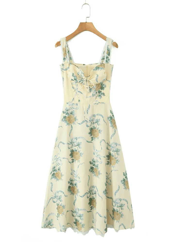 Women's Floral Sweetheart Neckline Midi Dress with Wide Straps and Centre Front Tie