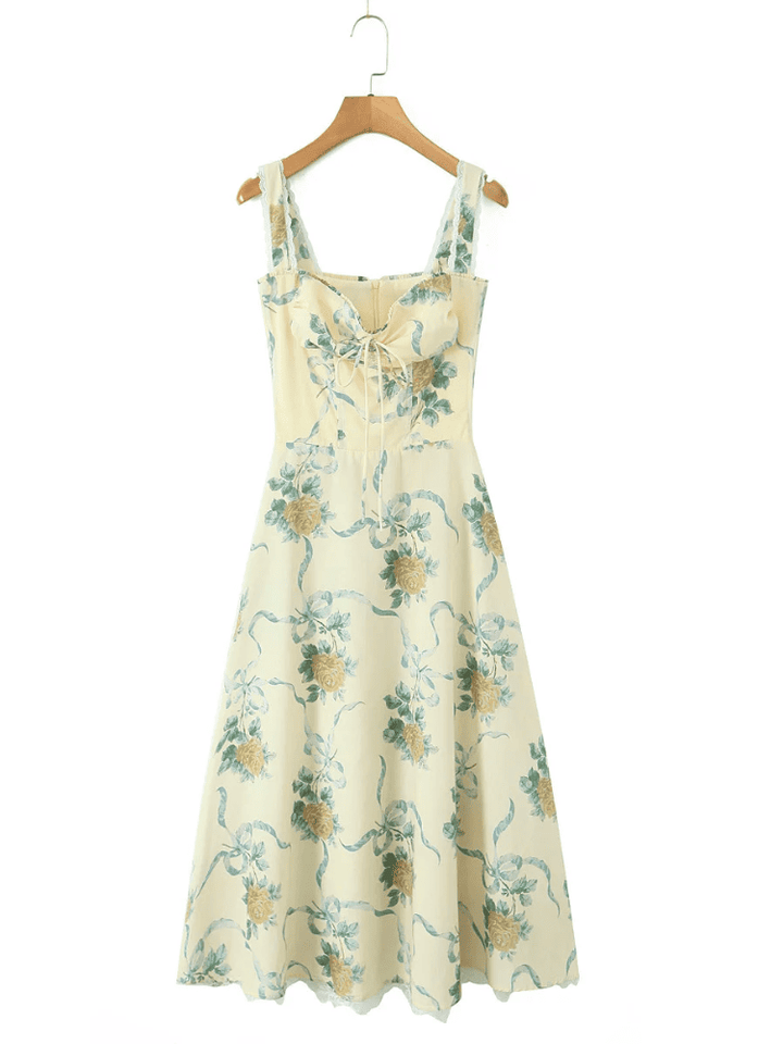 Women's Floral Sweetheart Neckline Midi Dress with Wide Straps and Centre Front Tie
