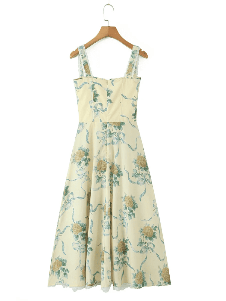 Women's Floral Sweetheart Neckline Midi Dress with Wide Straps and Centre Front Tie