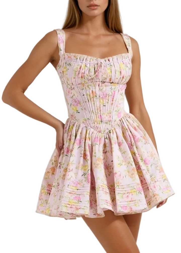 Women's Floral Sweetheart Neckline Mini Dress with Wide Straps and Pleated Skirt