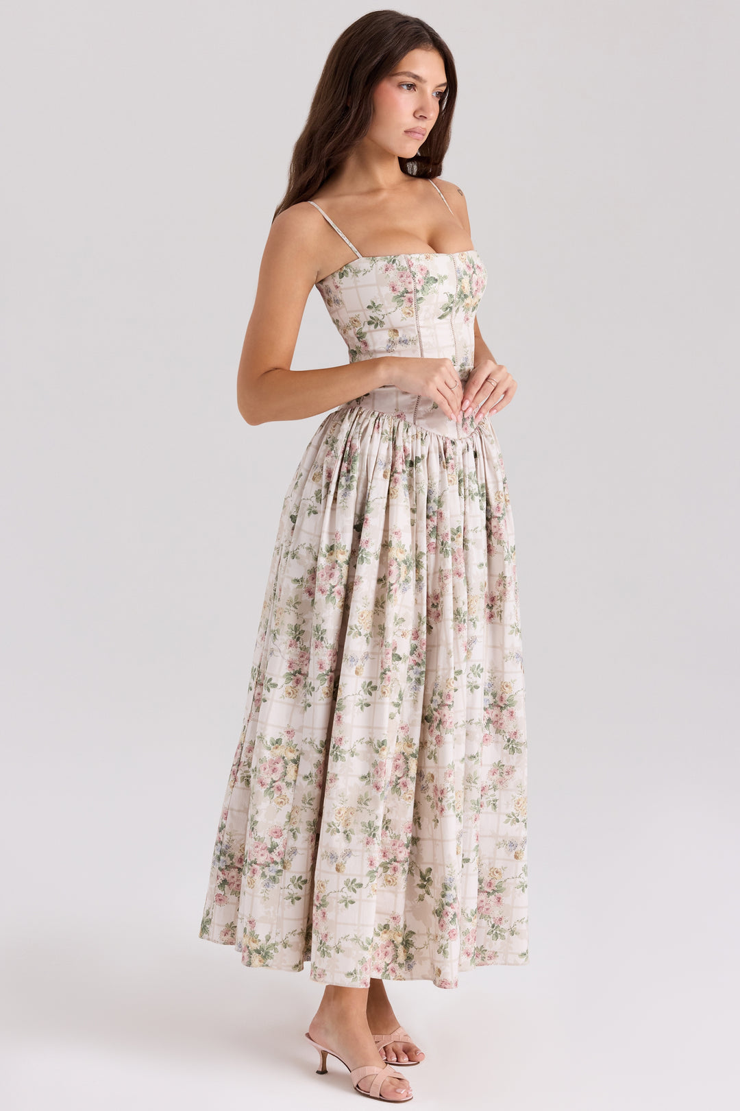 Women's Floral Thin Strap Maxi Dress with Straight Neckline and Full Skirt