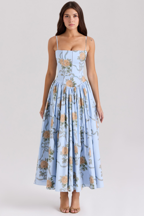 Women's Floral Thin Strap Maxi Dress with Straight Neckline and Full Skirt