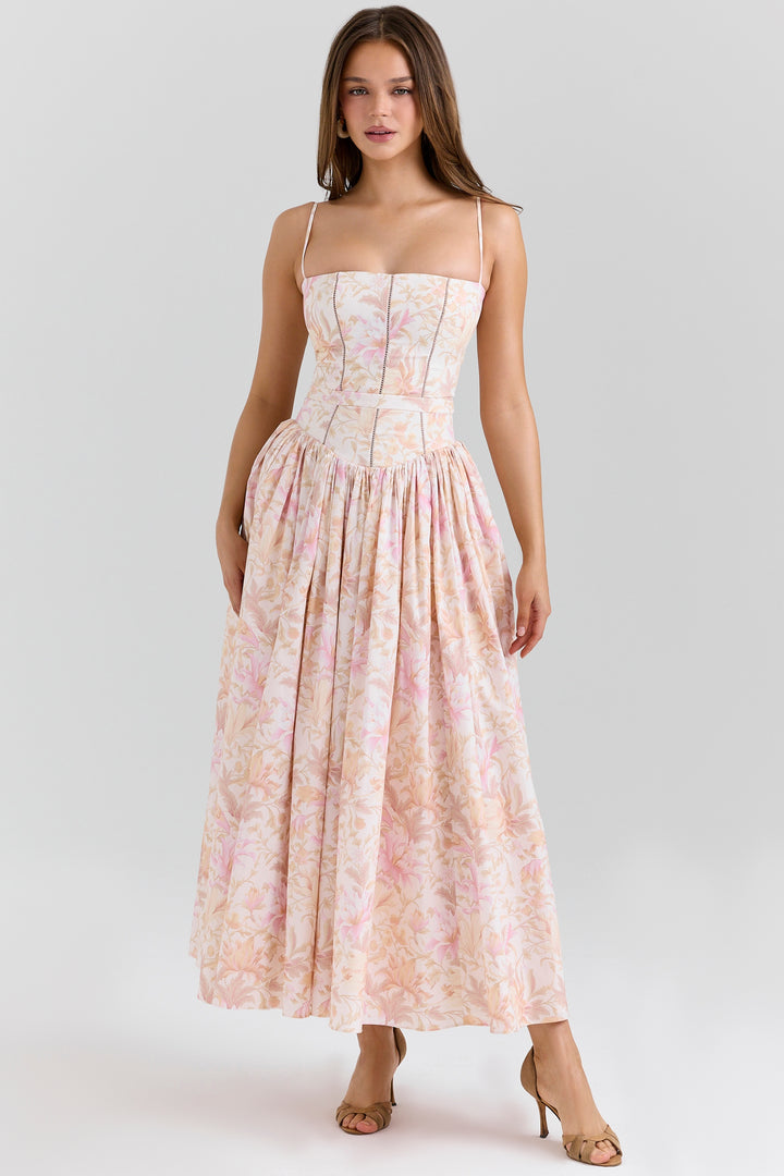 Women's Floral Thin Strap Maxi Dress with Straight Neckline and Full Skirt