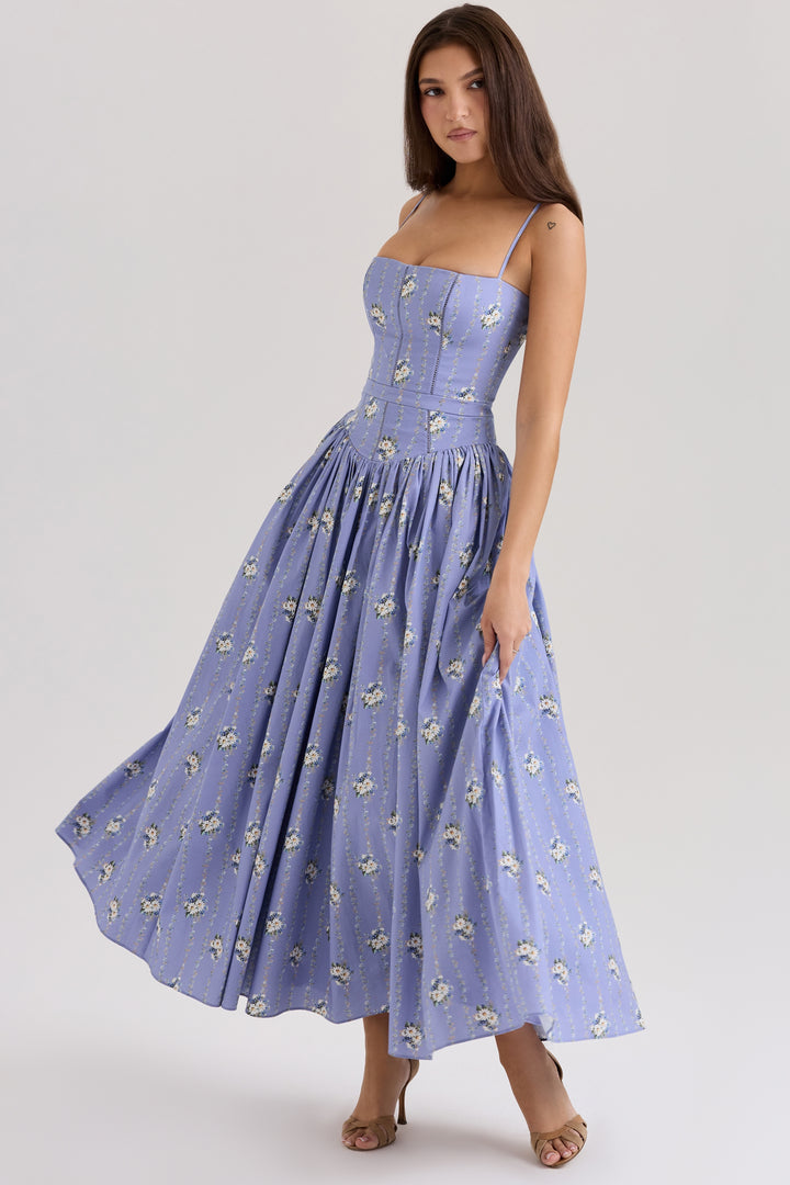 Women's Floral Thin Strap Maxi Dress with Straight Neckline and Full Skirt