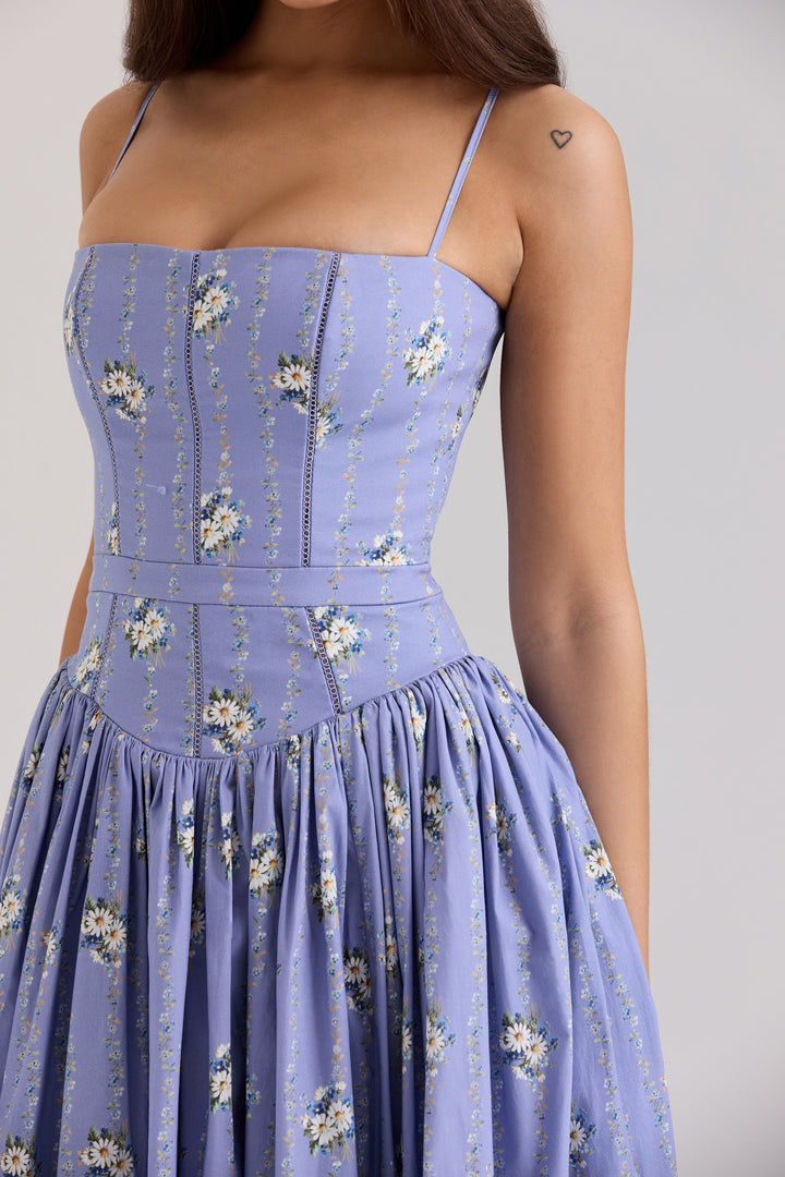 Women's Floral Thin Strap Maxi Dress with Straight Neckline and Full Skirt