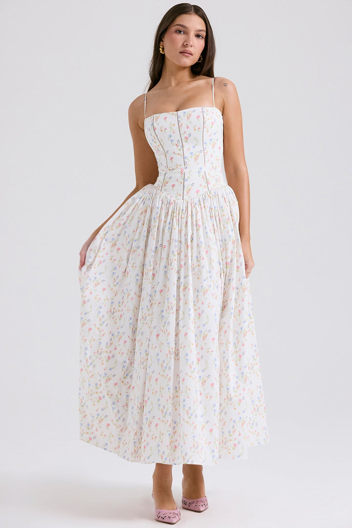 Women's Floral Thin Strap Maxi Dress with Straight Neckline and Full Skirt