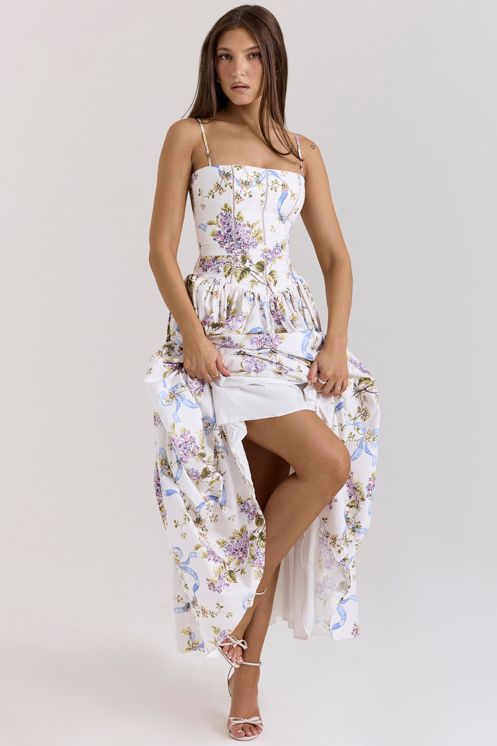 Women's Floral Thin Strap Maxi Dress with Straight Neckline and Full Skirt