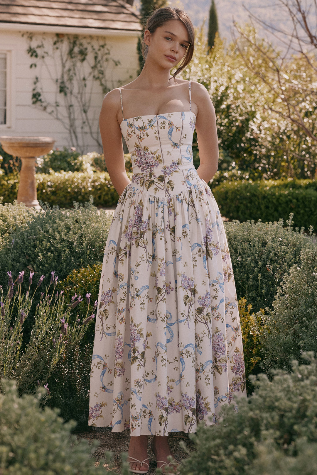 Women's Floral Thin Strap Maxi Dress with Straight Neckline and Full Skirt